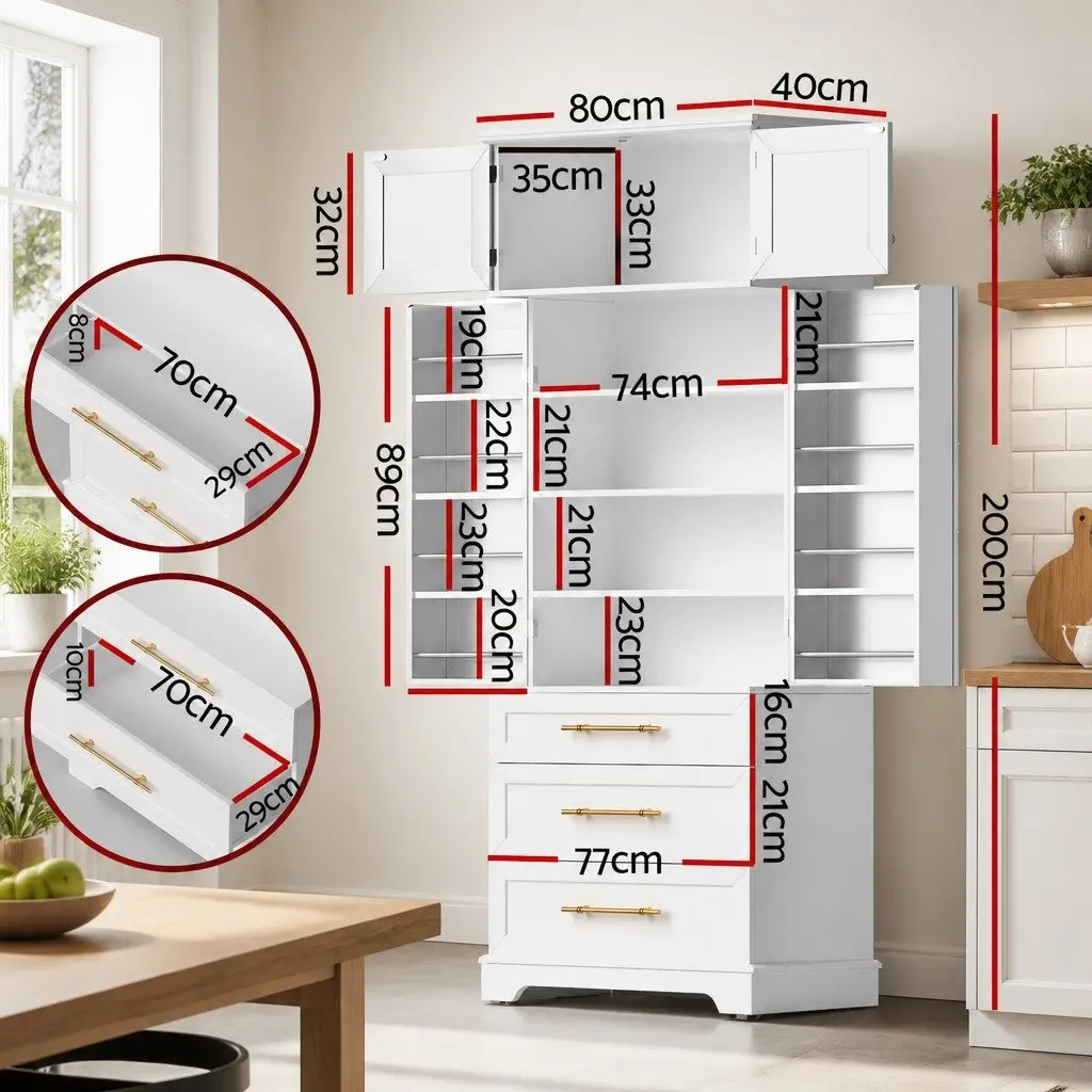 Buffet Sideboard Cabinet White 80cm x 40cm x 200cm Hamptons Style with Adjustable Shelves and Drawers