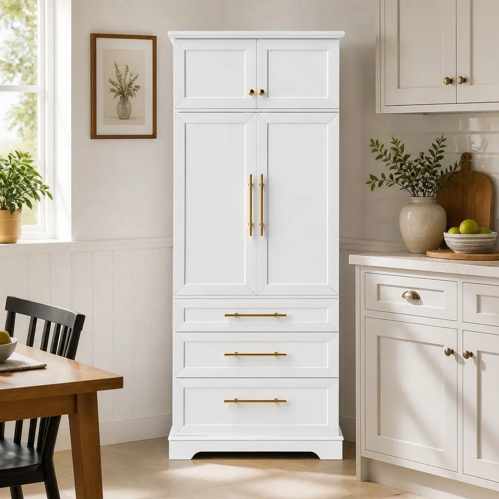 Buffet Sideboard Cabinet White 80cm x 40cm x 200cm Hamptons Style with Adjustable Shelves and Drawers