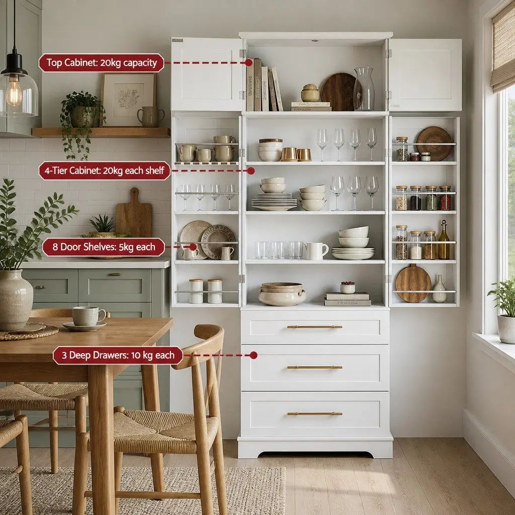 Buffet Sideboard Cabinet White 80cm x 40cm x 200cm Hamptons Style with Adjustable Shelves and Drawers
