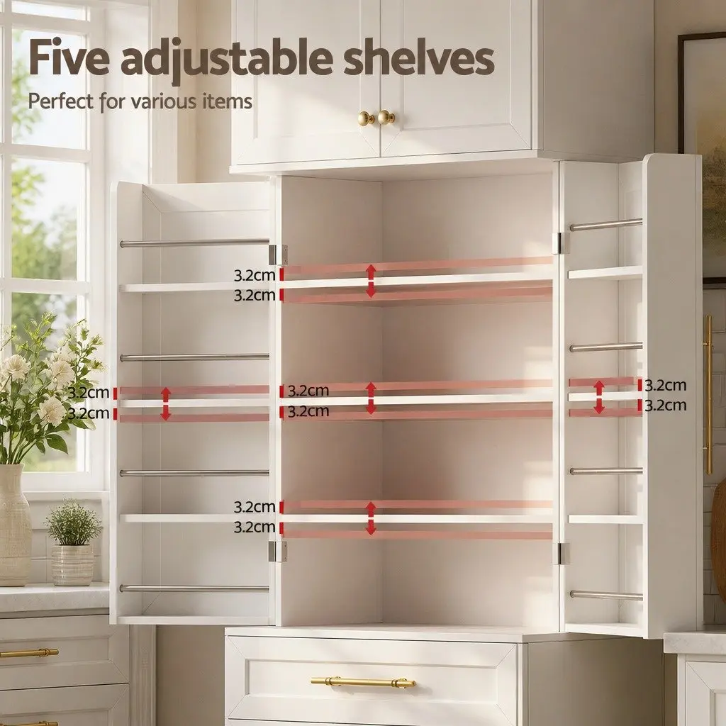 Buffet Sideboard Cabinet White 80cm x 40cm x 200cm Hamptons Style with Adjustable Shelves and Drawers