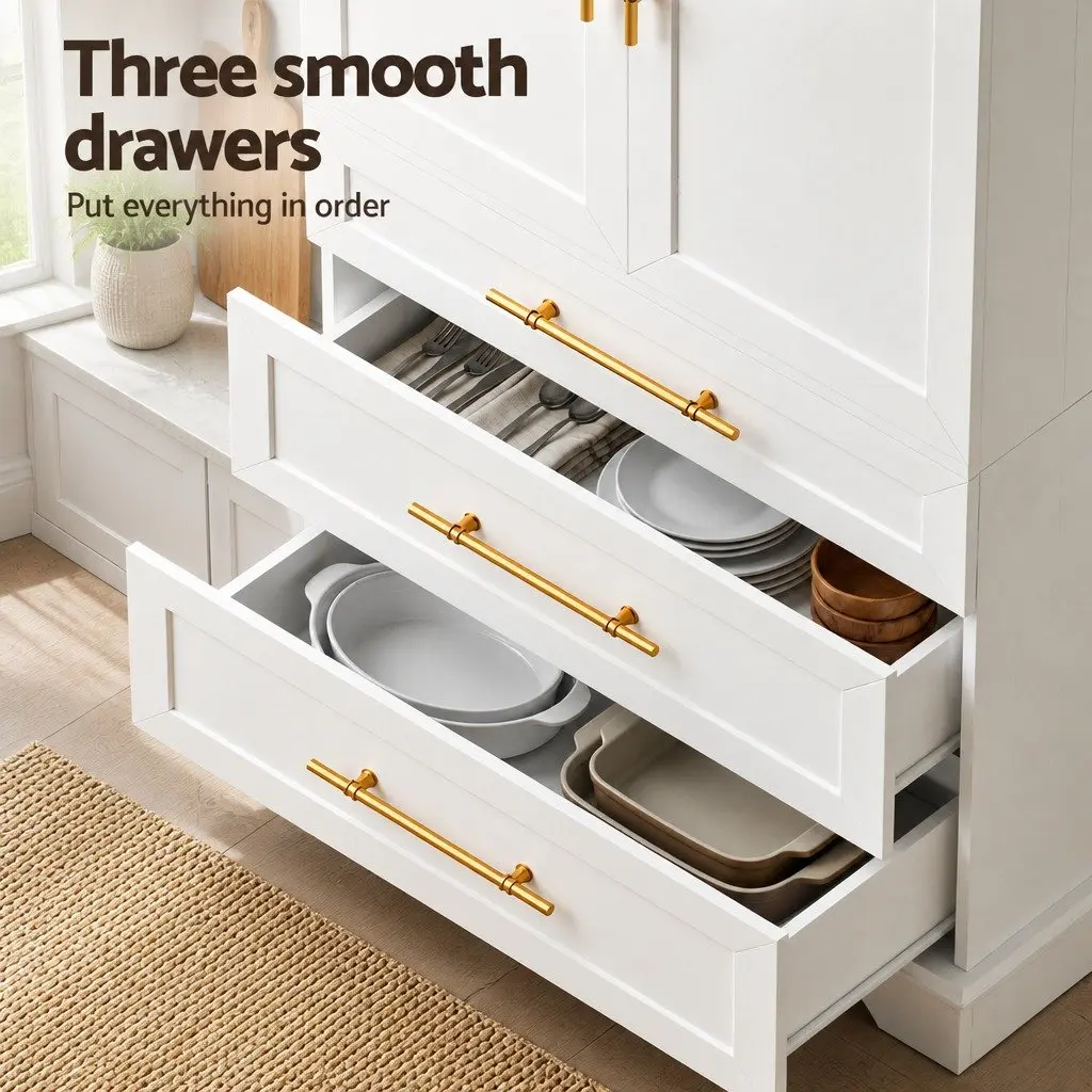 Buffet Sideboard Cabinet White 80cm x 40cm x 200cm Hamptons Style with Adjustable Shelves and Drawers