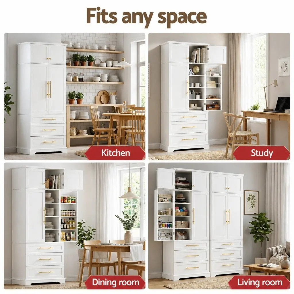 Buffet Sideboard Cabinet White 80cm x 40cm x 200cm Hamptons Style with Adjustable Shelves and Drawers