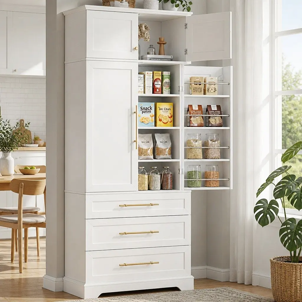 Buffet Sideboard Cabinet White 80cm x 40cm x 200cm Hamptons Style with Adjustable Shelves and Drawers