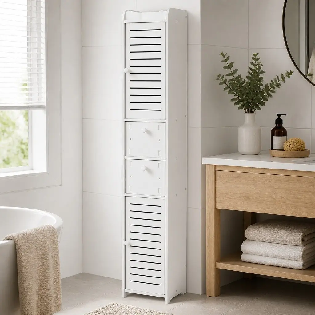 Bathroom Storage Cabinet White Tallboy Cupboard with Drawers and Open Top for Organizing Bathroom Laundry or Toilet Space