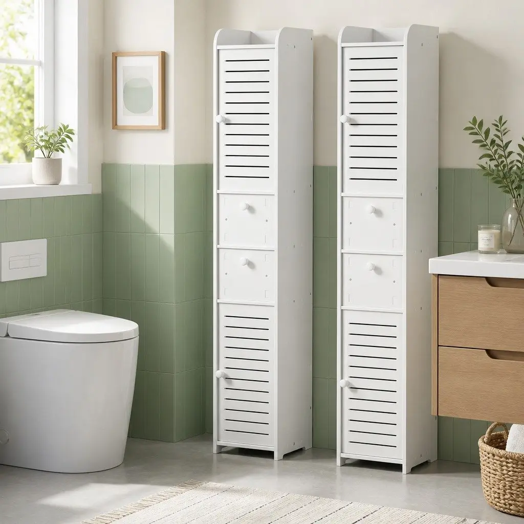 Bathroom Storage Cabinet White Tallboy Cupboard with Drawers and Open Top for Organizing Bathroom Laundry or Toilet Space
