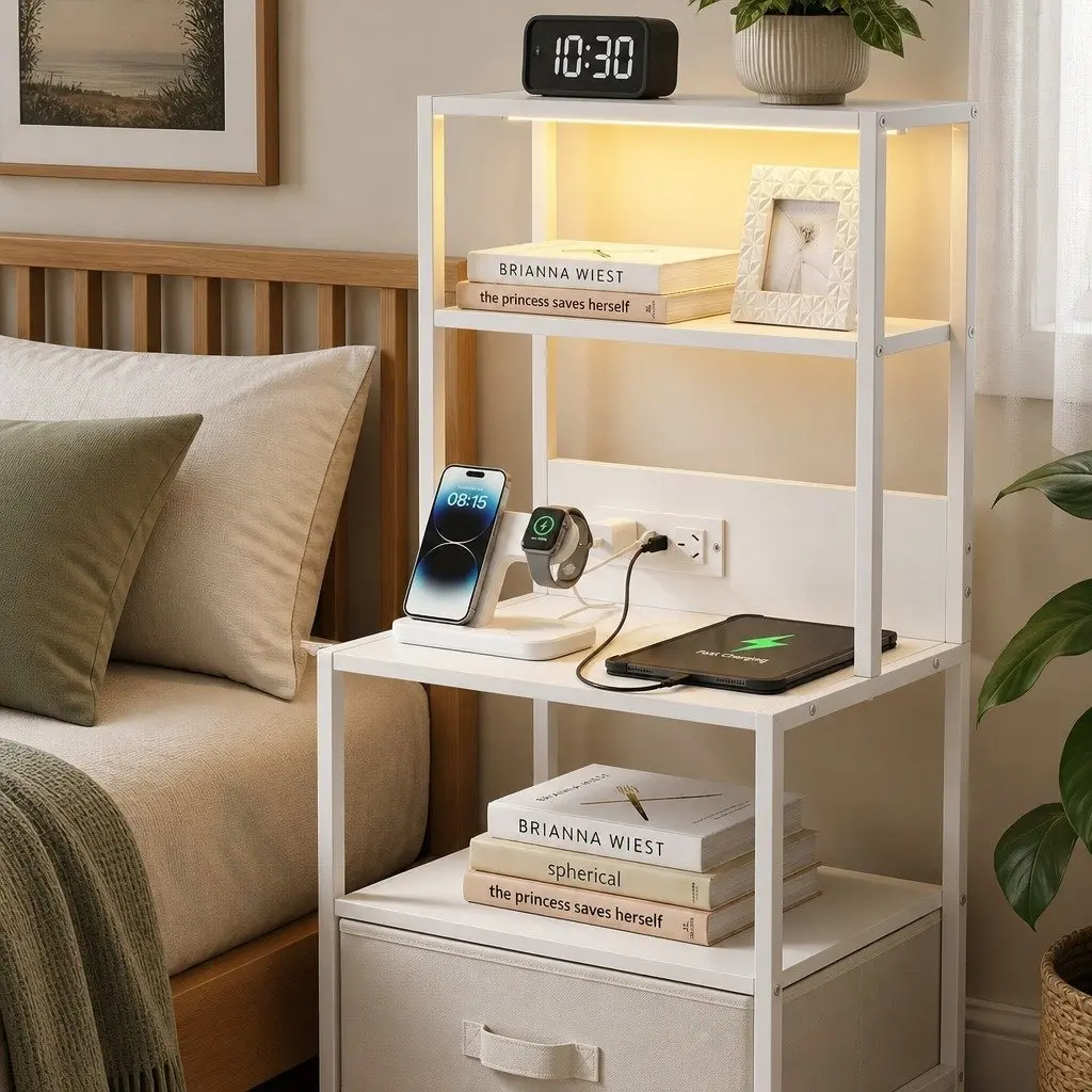Bedside Table White 41cm with Charging Station LED Drawers Storage Cabinet