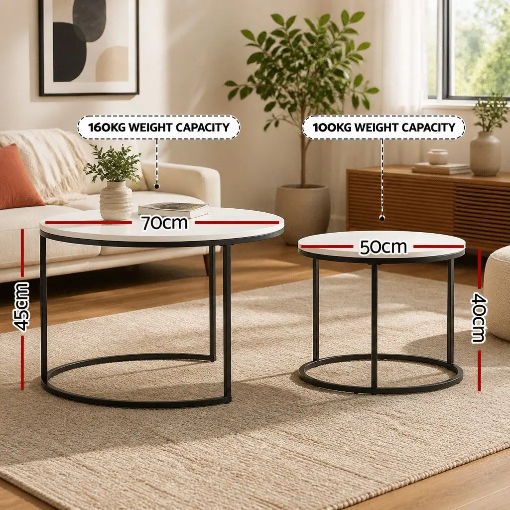 Nesting Coffee Table Set of 2 Marble Effect Black White Living Room Furniture