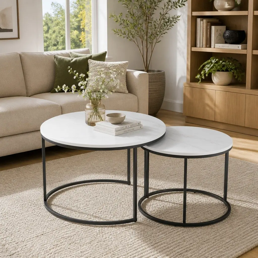 Nesting Coffee Table Set of 2 Marble Effect Black White Living Room Furniture