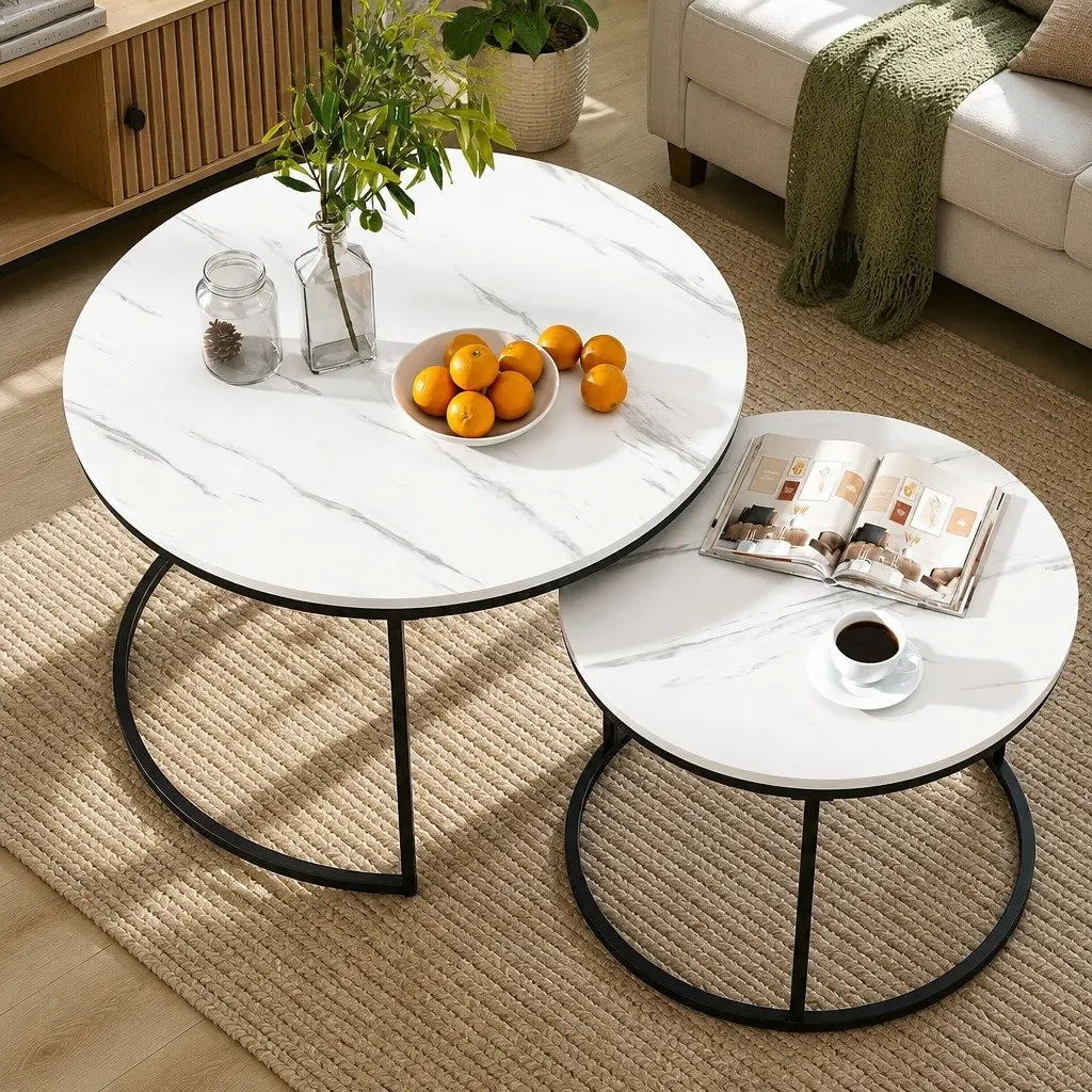 Nesting Coffee Table Set of 2 Marble Effect Black White Living Room Furniture