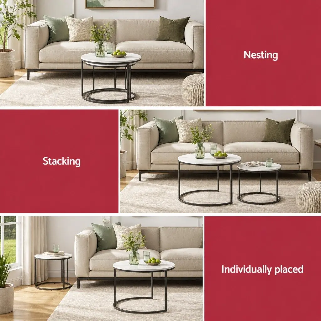 Nesting Coffee Table Set of 2 Marble Effect Black White Living Room Furniture