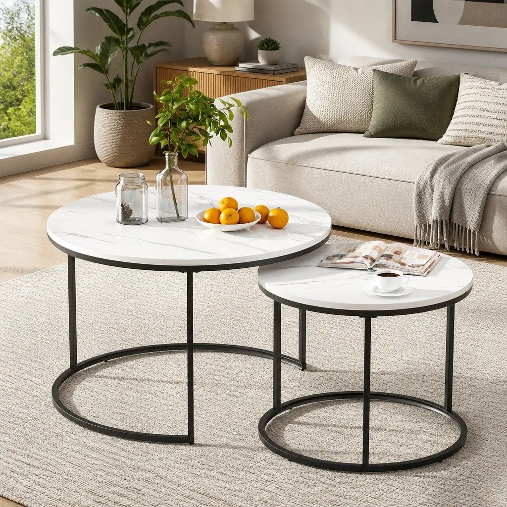 Nesting Coffee Table Set of 2 Marble Effect Black White Living Room Furniture