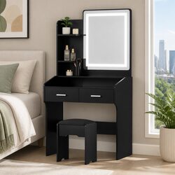 Dressing Table Set with Stool LED Hollywood Makeup Mirror Black Bedroom Vanity