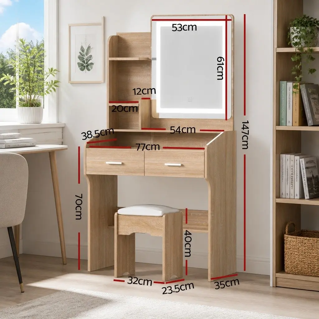 Dressing Table Set Black Wood LED Mirror Adjustable Light Modes Padded Stool