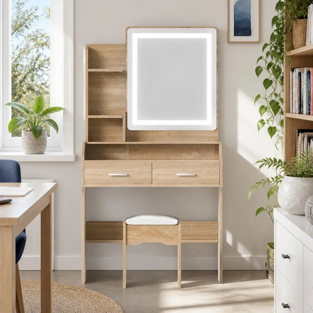 Dressing Table Set Black Wood LED Mirror Adjustable Light Modes Padded Stool
