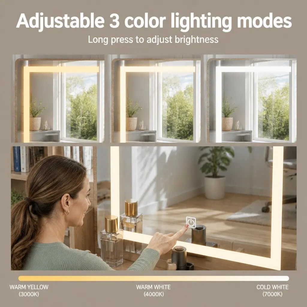 Dressing Table Set Black Wood LED Mirror Adjustable Light Modes Padded Stool