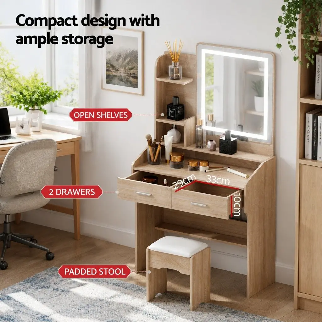 Dressing Table Set Black Wood LED Mirror Adjustable Light Modes Padded Stool