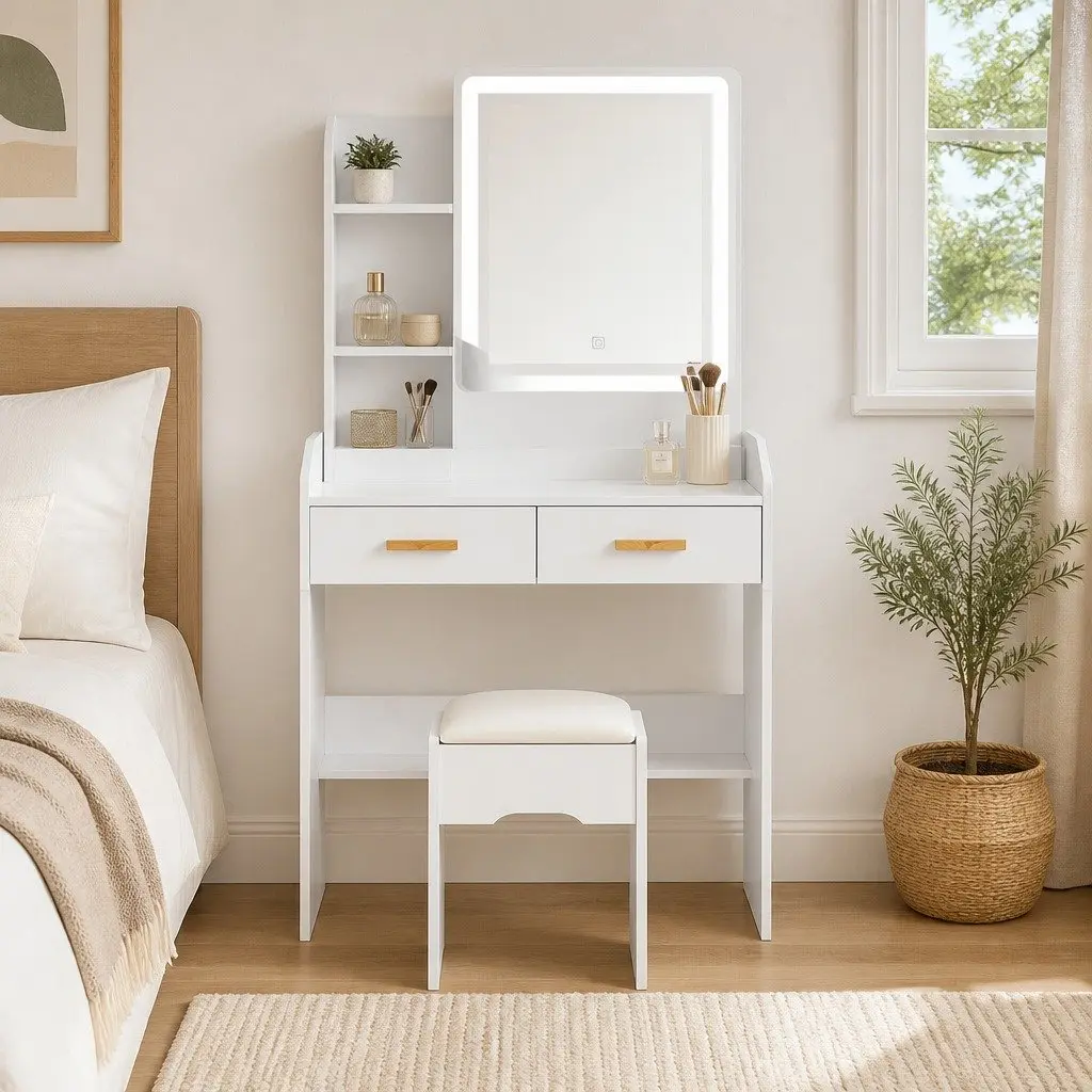 Dressing Table Set with Stool LED Hollywood Mirror White Makeup Vanity Desk