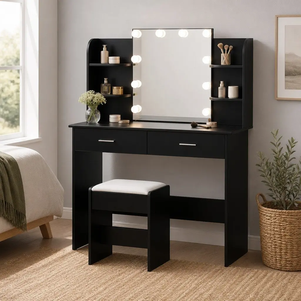 Dressing Table Set with Stool 10 LED Bulbs Hollywood Mirror Black Makeup Vanity