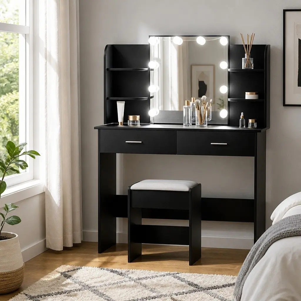 Dressing Table Set Black 108cm LED Bulbs Hollywood Mirror with Stool