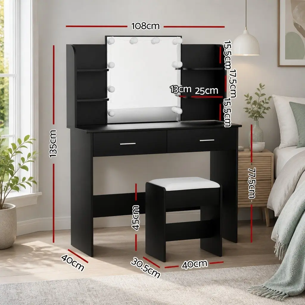 Dressing Table Set Black 108cm LED Bulbs Hollywood Mirror with Stool
