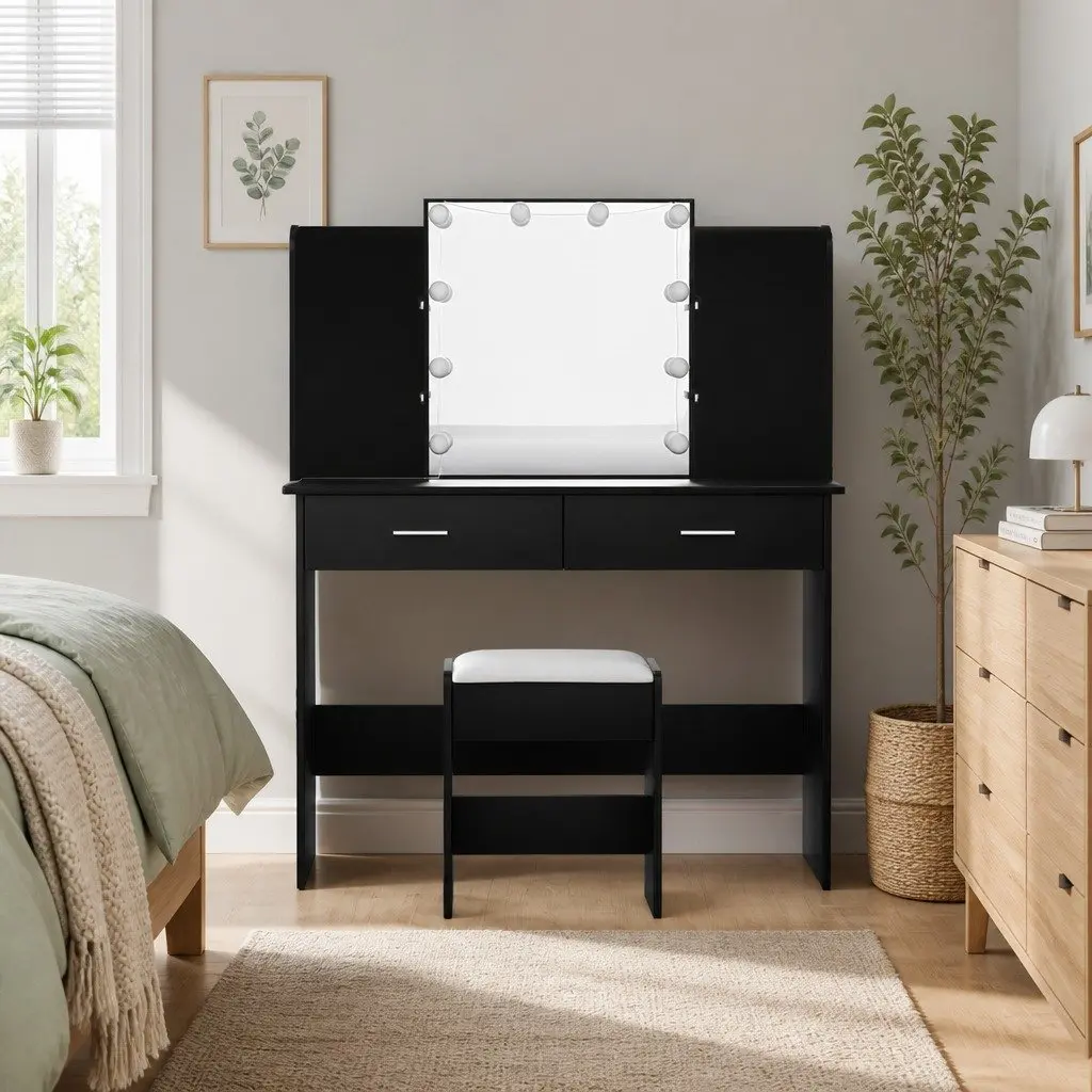 Dressing Table Set Black 108cm LED Bulbs Hollywood Mirror with Stool