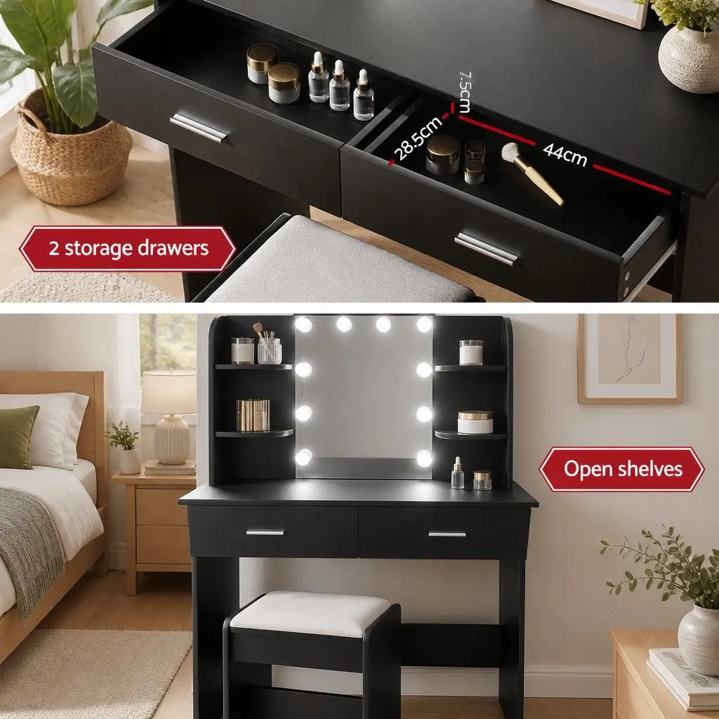 Dressing Table Set Black 108cm LED Bulbs Hollywood Mirror with Stool