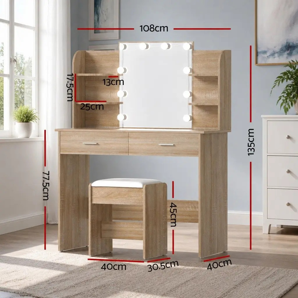 Dressing Table Set Natural Wood 108cm with 10 LED Bulbs Hollywood Vanity Mirror and Foam Padded Stool