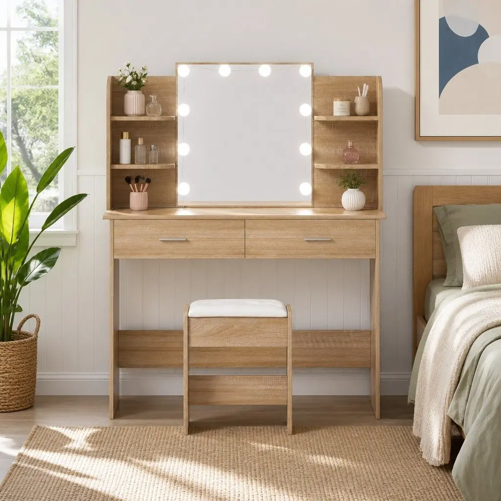 Dressing Table Set Natural Wood 108cm with 10 LED Bulbs Hollywood Vanity Mirror and Foam Padded Stool