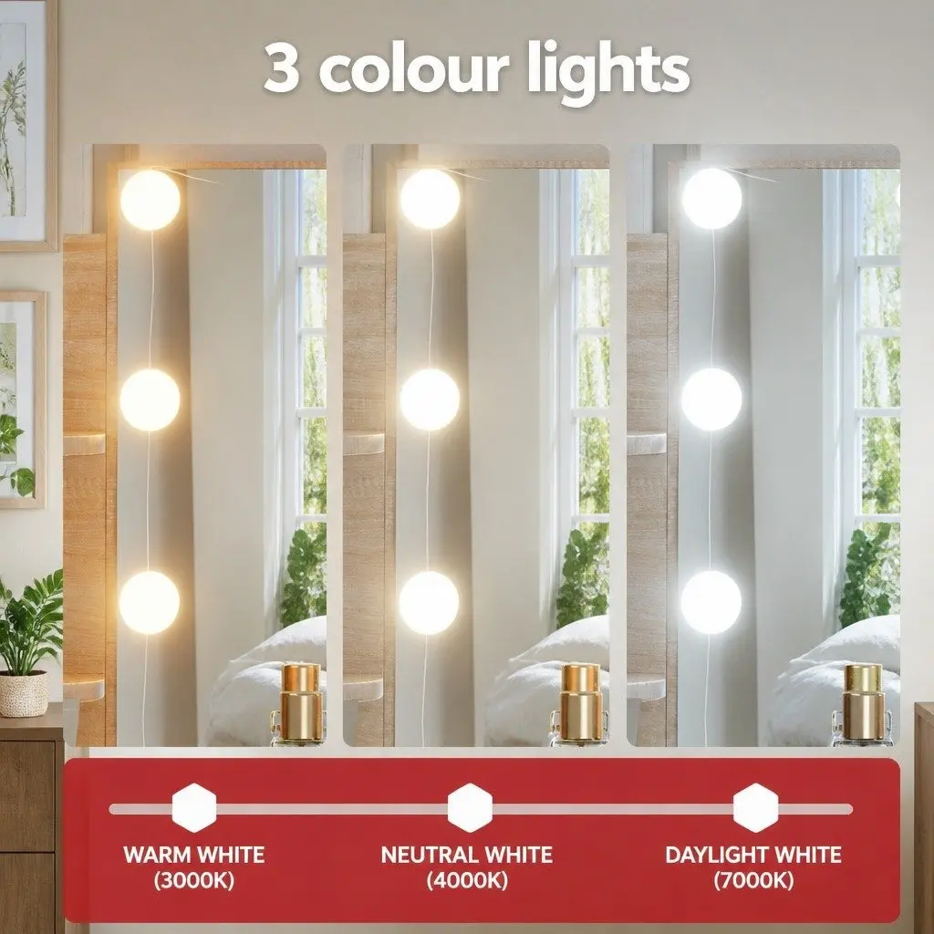 Dressing Table Set Natural Wood 108cm with 10 LED Bulbs Hollywood Vanity Mirror and Foam Padded Stool