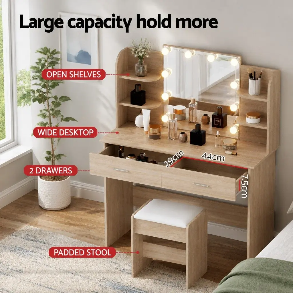 Dressing Table Set Natural Wood 108cm with 10 LED Bulbs Hollywood Vanity Mirror and Foam Padded Stool