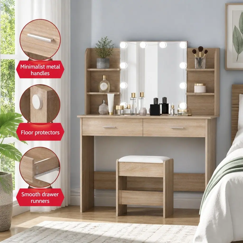 Dressing Table Set Natural Wood 108cm with 10 LED Bulbs Hollywood Vanity Mirror and Foam Padded Stool