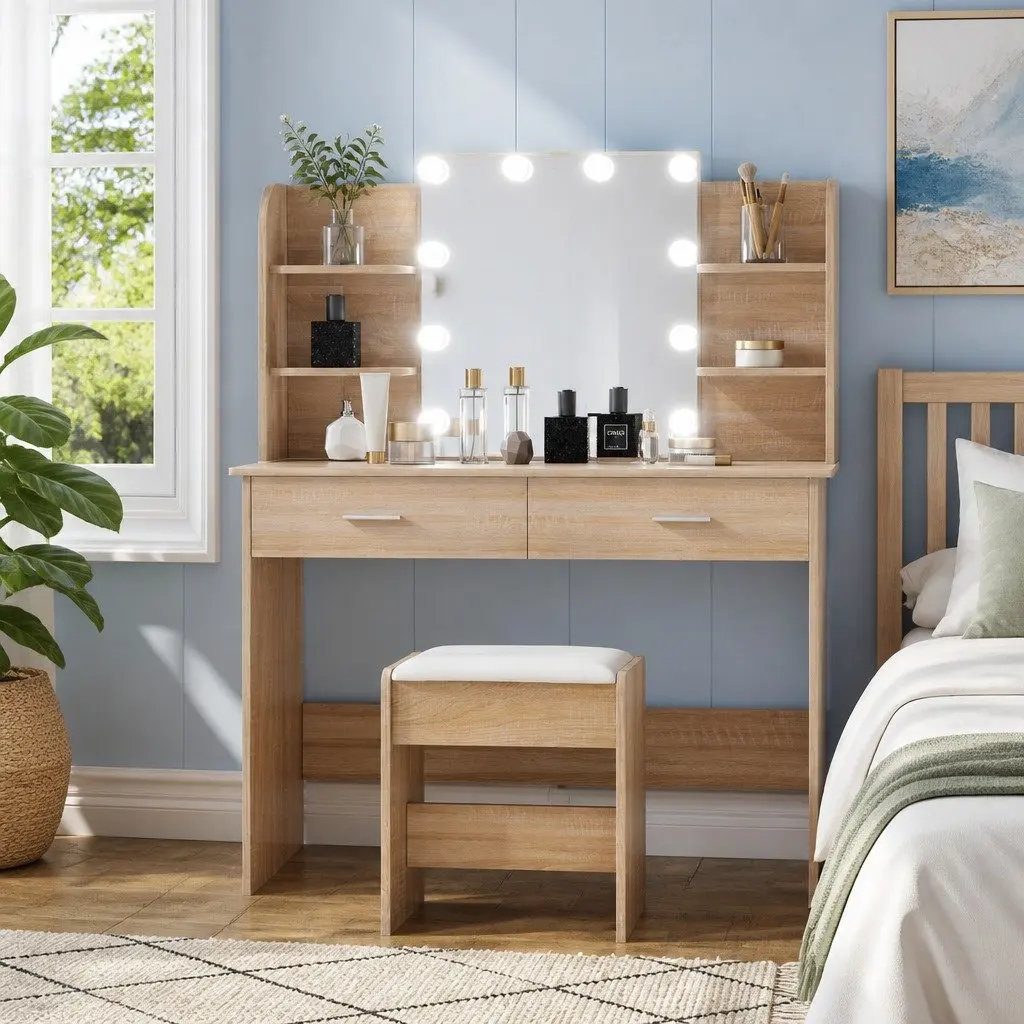 Dressing Table Set Natural Wood 108cm with 10 LED Bulbs Hollywood Vanity Mirror and Foam Padded Stool