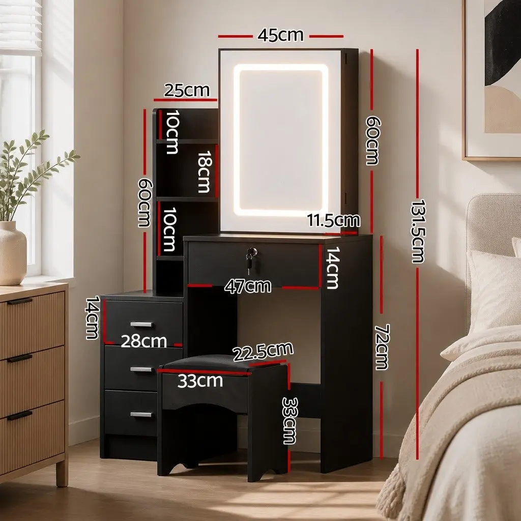 Dressing Table Vanity Desk with LED Lights Mirror Stool Black Bedroom Furniture