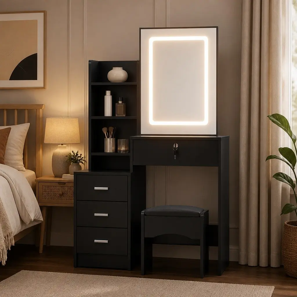 Dressing Table Vanity Desk with LED Lights Mirror Stool Black Bedroom Furniture