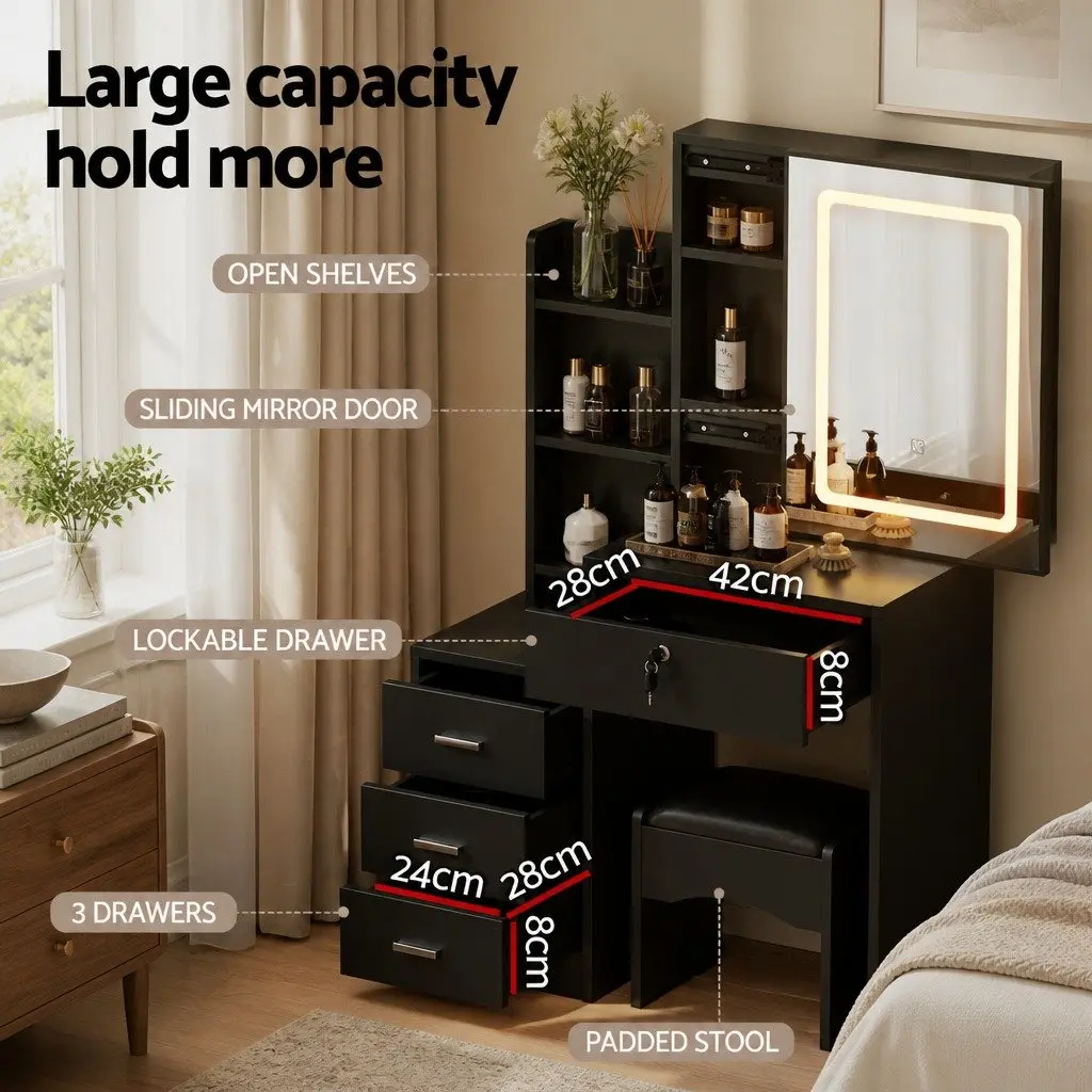 Dressing Table Vanity Desk with LED Lights Mirror Stool Black Bedroom Furniture
