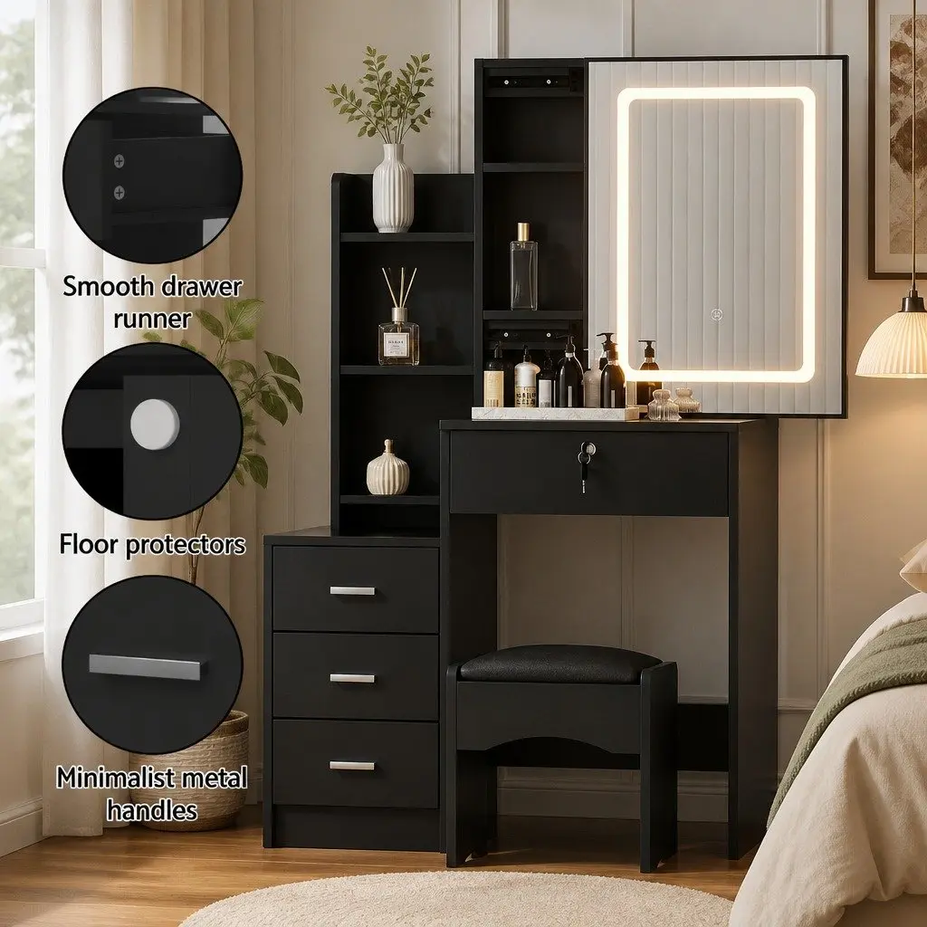 Dressing Table Vanity Desk with LED Lights Mirror Stool Black Bedroom Furniture