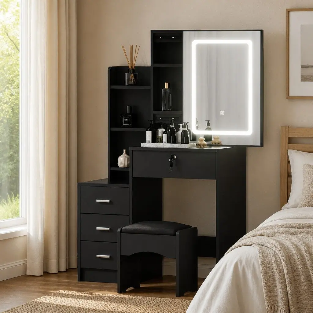 Dressing Table Vanity Desk with LED Lights Mirror Stool Black Bedroom Furniture