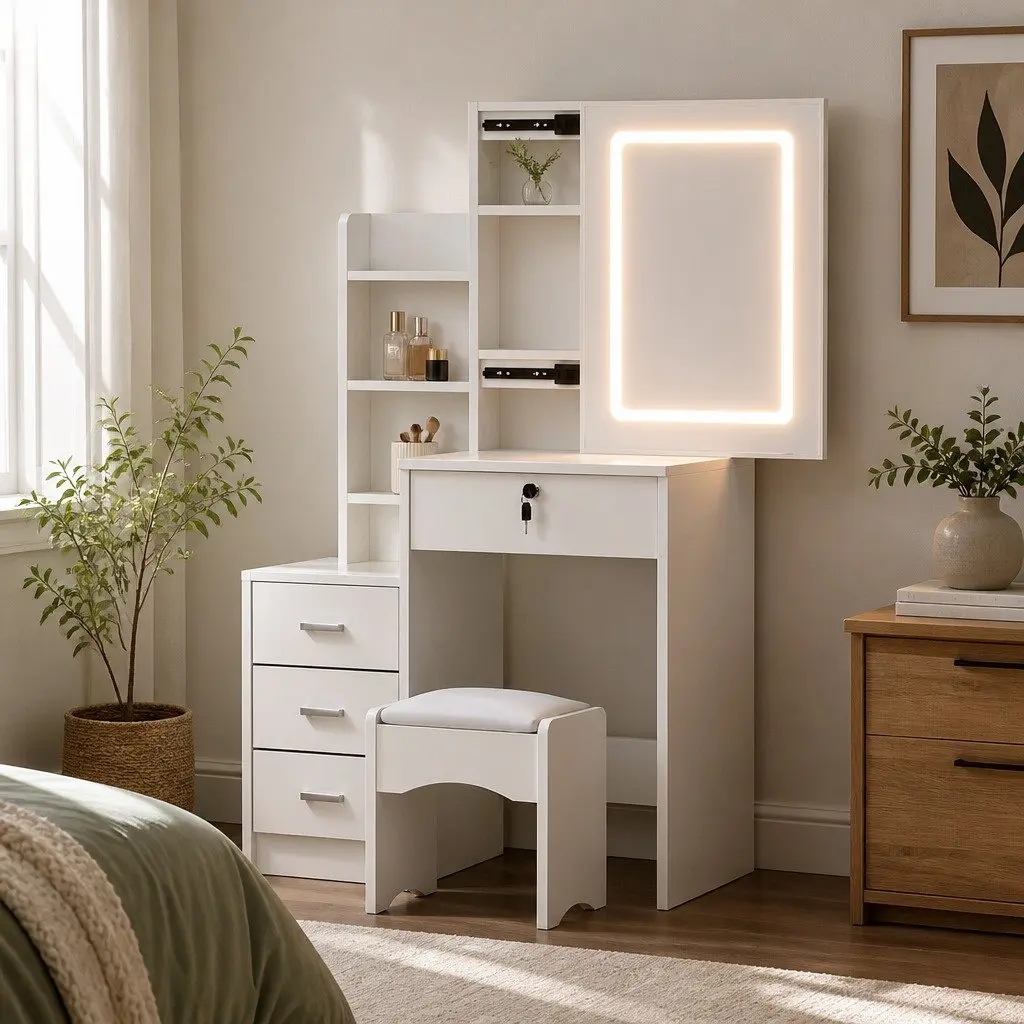 Dressing Table Vanity Desk Set with Stool LED Lights White Bedroom Makeup Mirror
