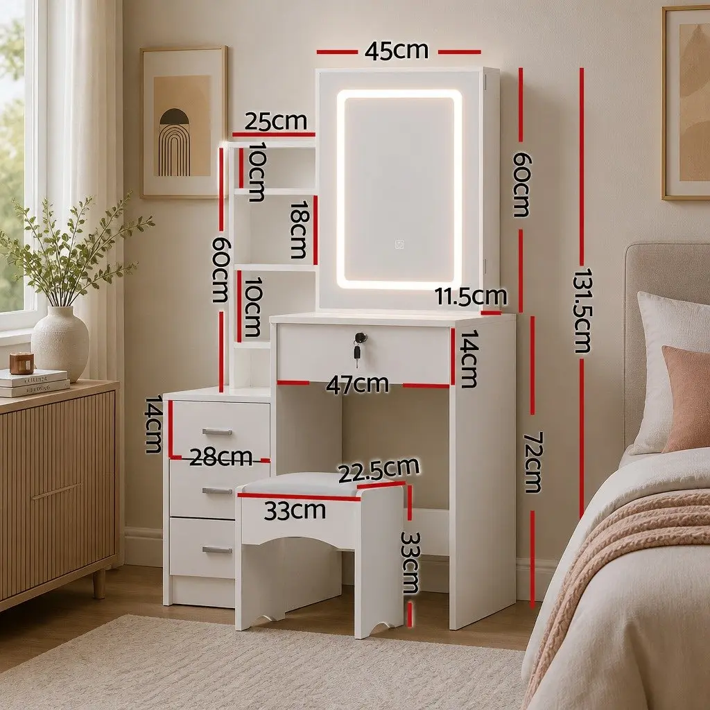 Dressing Table Vanity Desk Set White with LED Lights Adjustable Colour Temperature and Sliding Mirror Door
