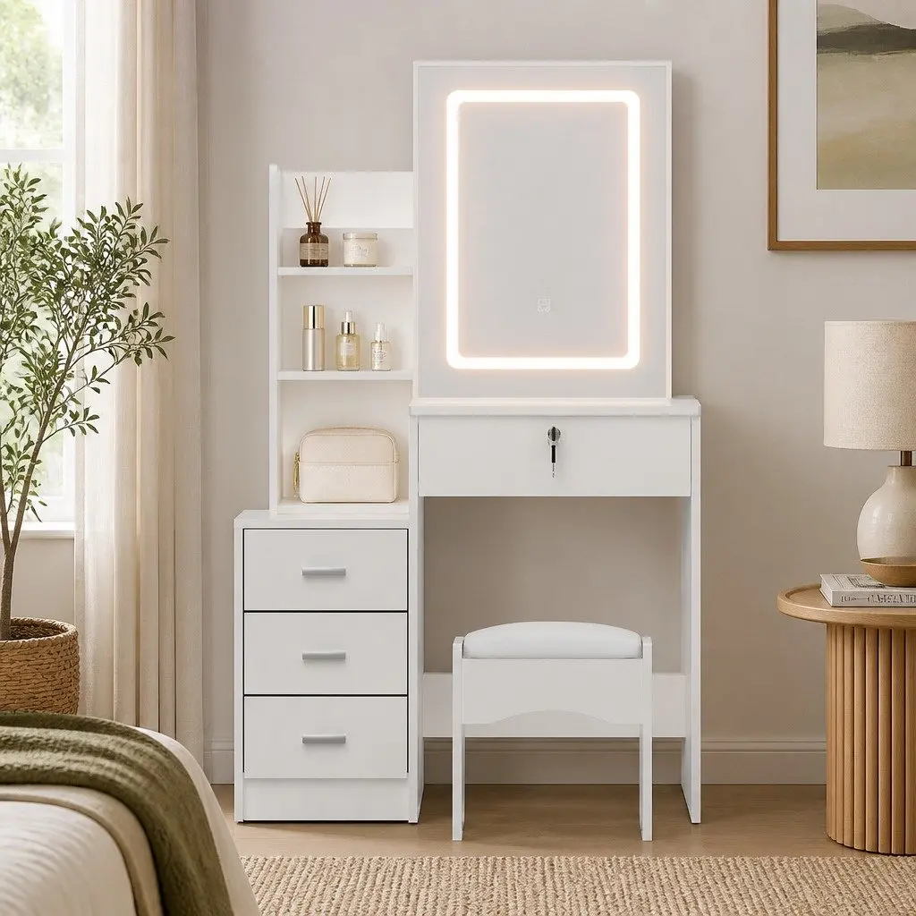Dressing Table Vanity Desk Set White with LED Lights Adjustable Colour Temperature and Sliding Mirror Door