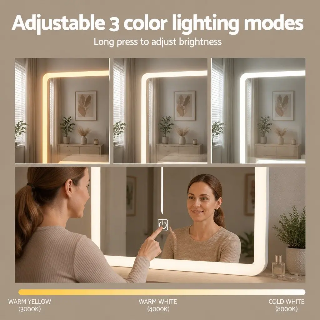 Dressing Table Vanity Desk Set White with LED Lights Adjustable Colour Temperature and Sliding Mirror Door