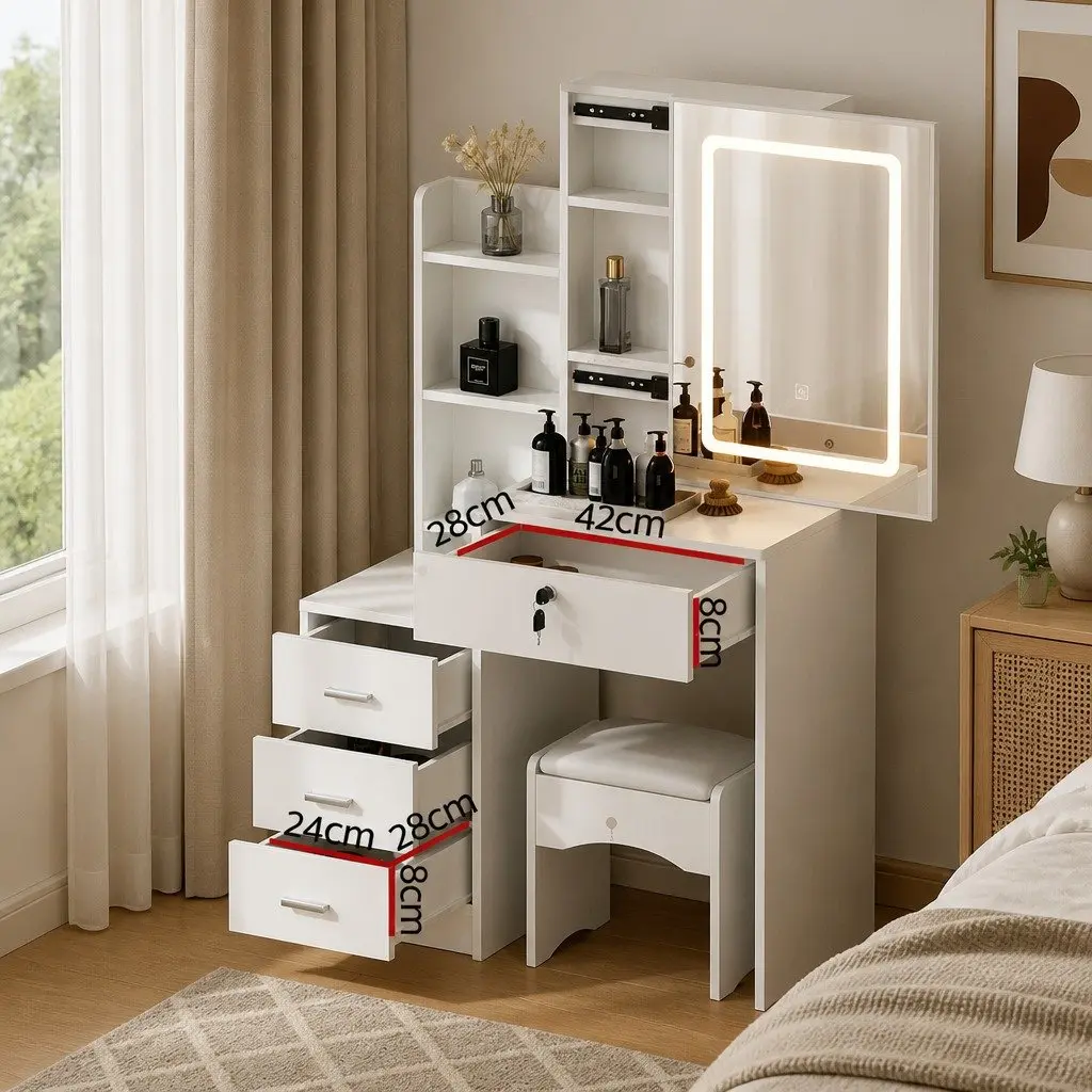 Dressing Table Vanity Desk Set White with LED Lights Adjustable Colour Temperature and Sliding Mirror Door