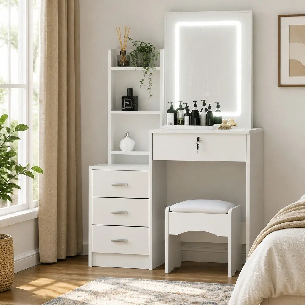 Dressing Table Vanity Desk Set White with LED Lights Adjustable Colour Temperature and Sliding Mirror Door