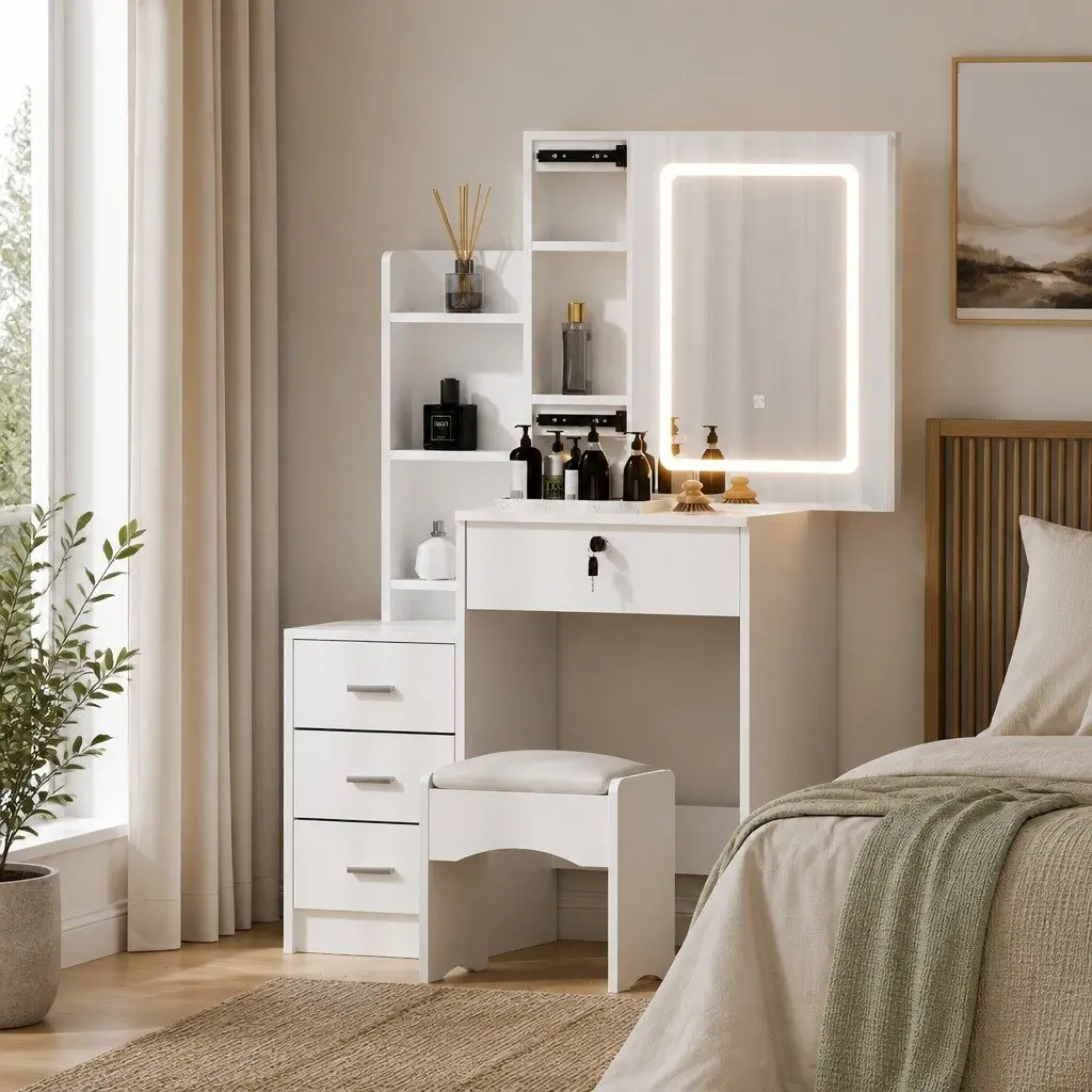 Dressing Table Vanity Desk Set White with LED Lights Adjustable Colour Temperature and Sliding Mirror Door
