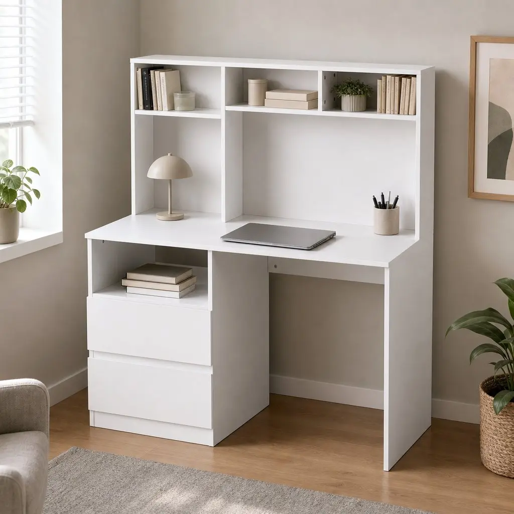 Computer Desk White 120cm Wide Desktop Open Shelves Sliding Drawer Storage Cabinet