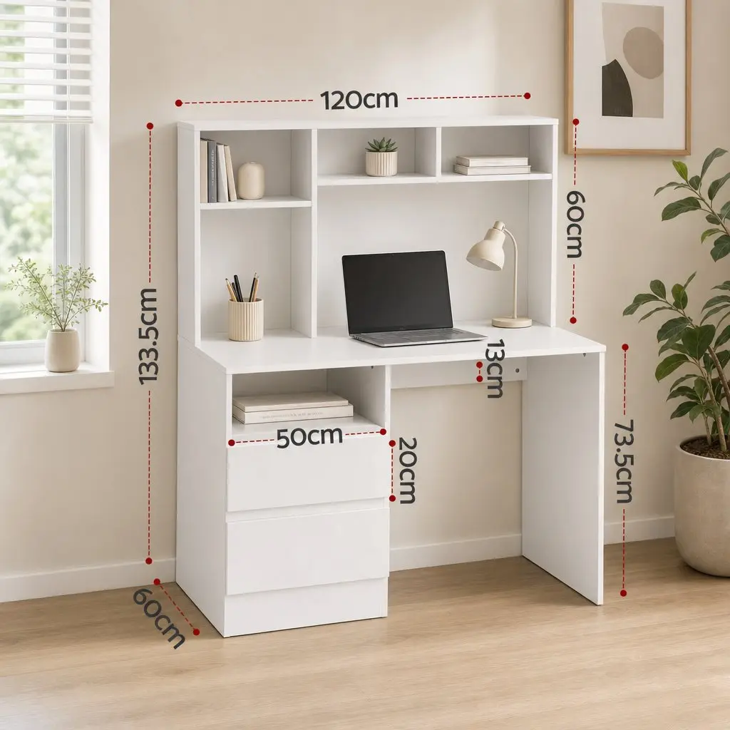 Computer Desk White 120cm Wide Desktop Open Shelves Sliding Drawer Storage Cabinet