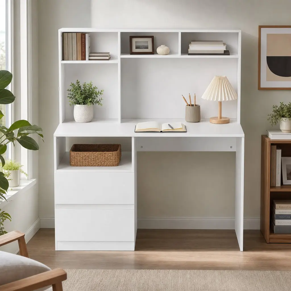 Computer Desk White 120cm Wide Desktop Open Shelves Sliding Drawer Storage Cabinet