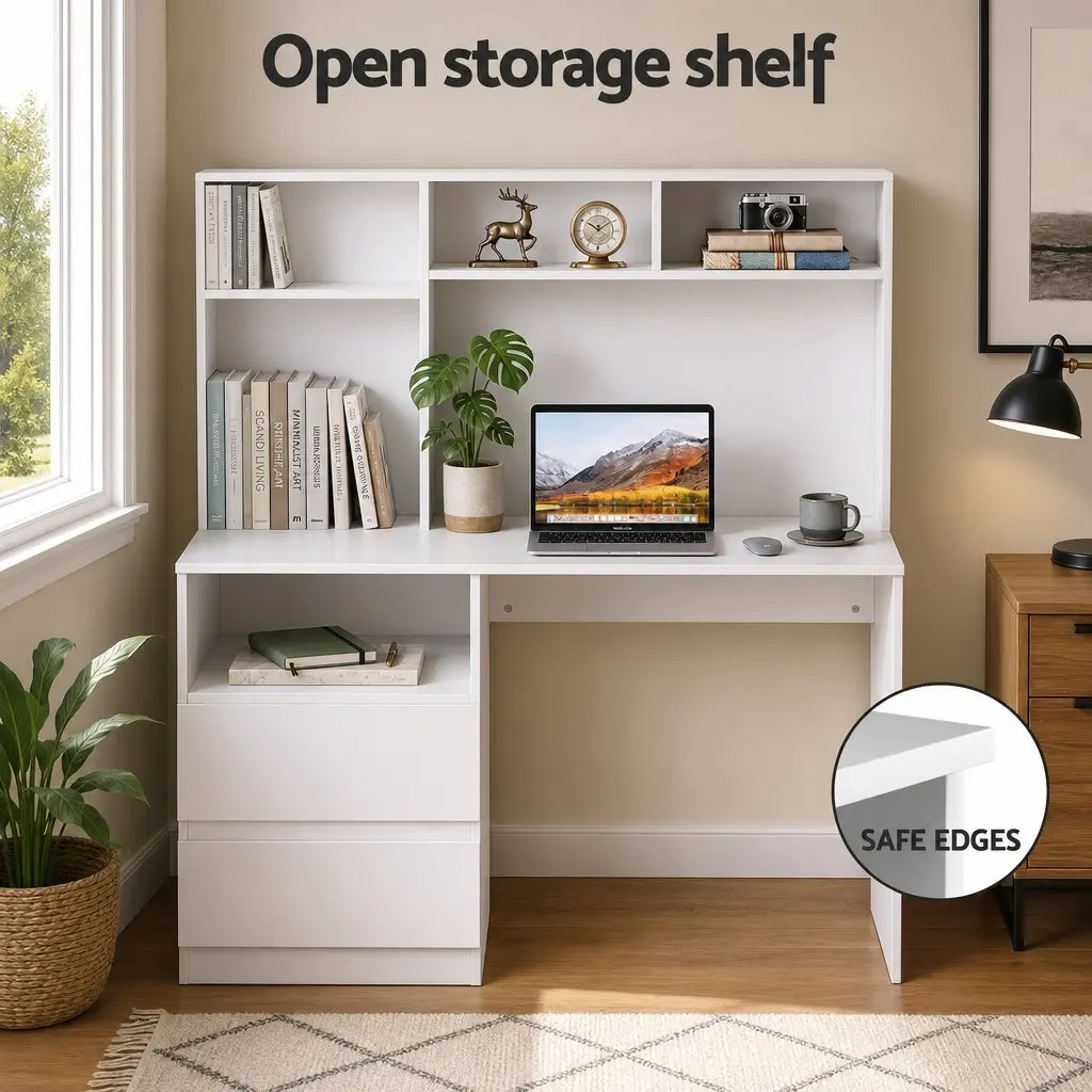Computer Desk White 120cm Wide Desktop Open Shelves Sliding Drawer Storage Cabinet