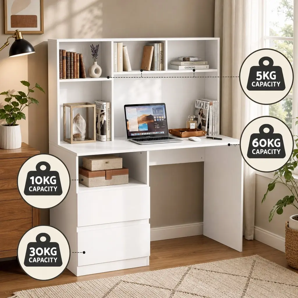 Computer Desk White 120cm Wide Desktop Open Shelves Sliding Drawer Storage Cabinet