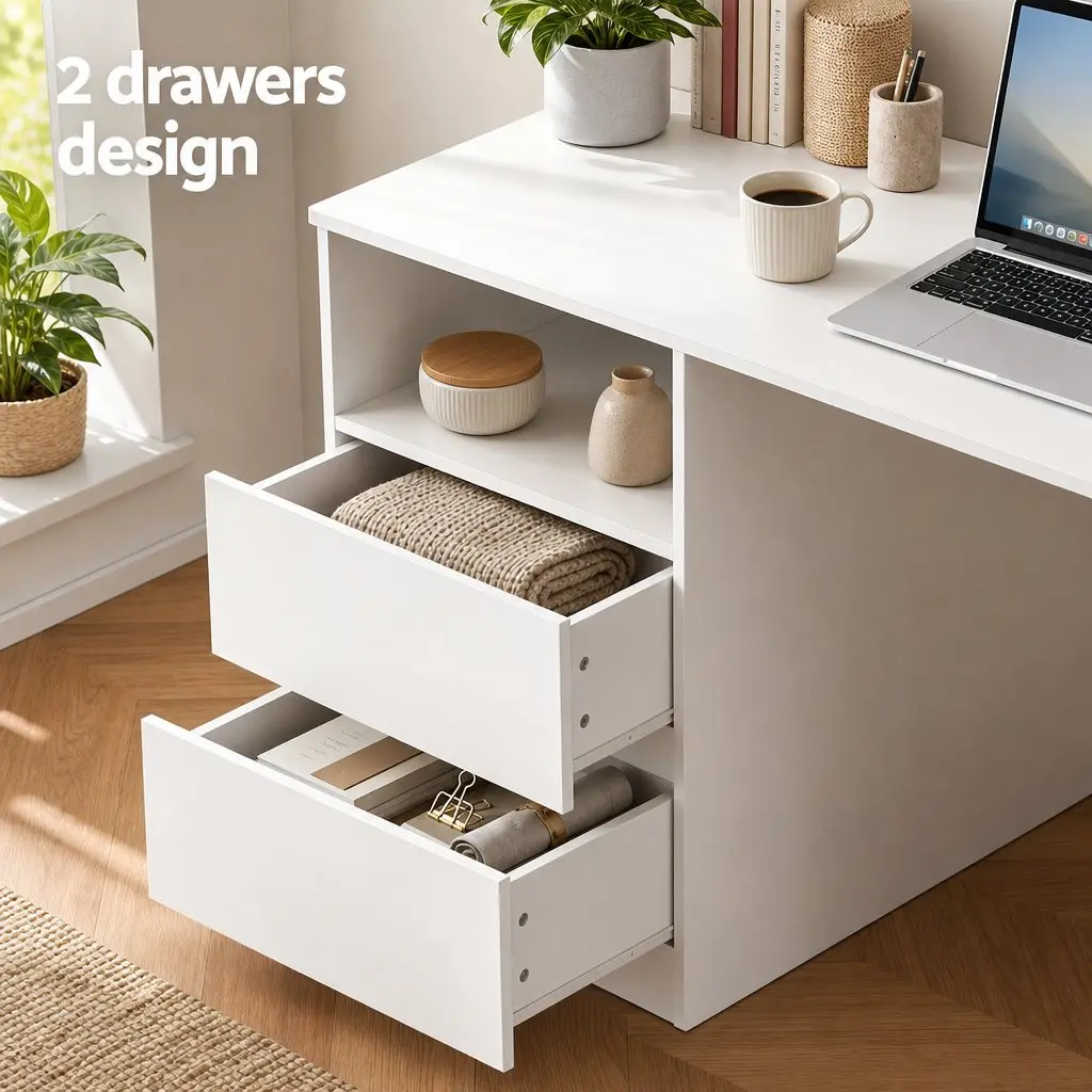 Computer Desk White 120cm Wide Desktop Open Shelves Sliding Drawer Storage Cabinet